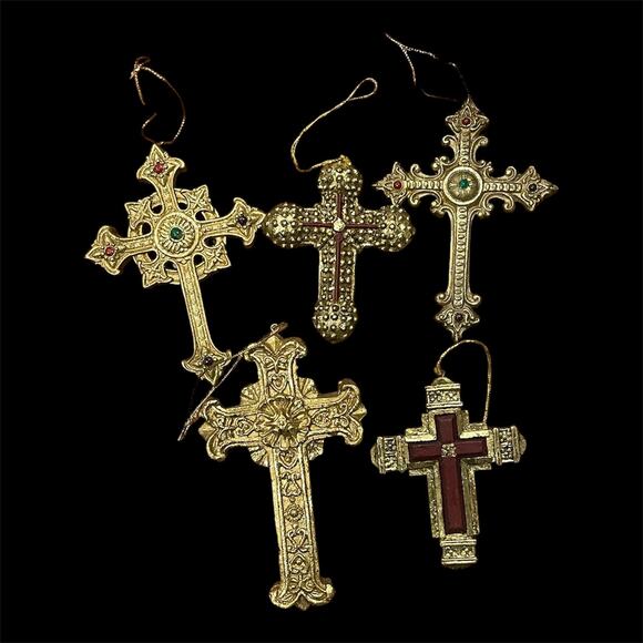Set of 5 gold tone cross ornaments - Picture 10 of 10